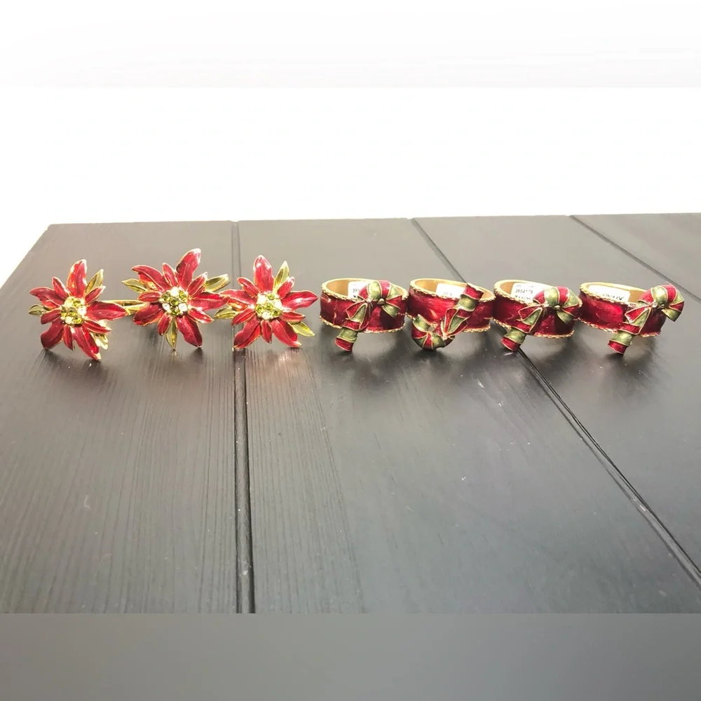 Holiday Poinsettia Napkin Rings and Place Card Holders - Red and Gold